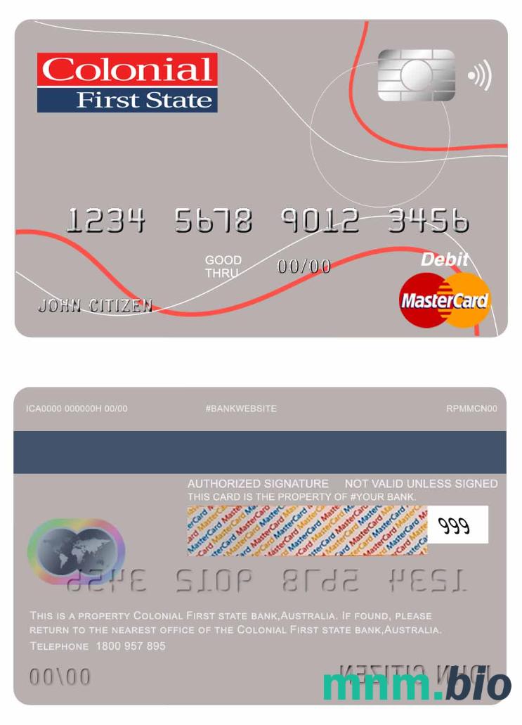Australia Colonial First State Bank przykład karty mastercard w formacie PSD